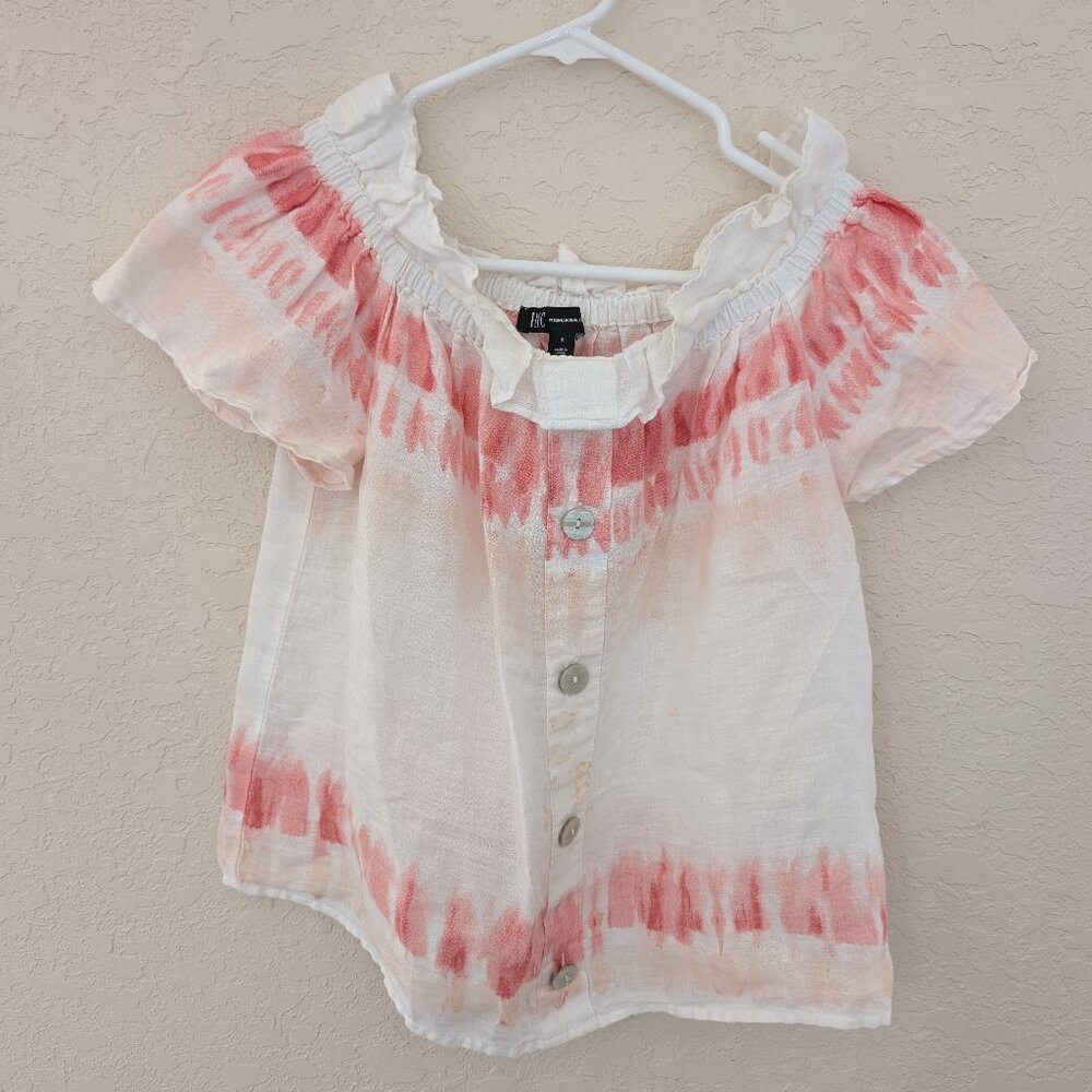 INC 100% Linen Off the Shoulder Blouse Tie Dye Buttons Size S